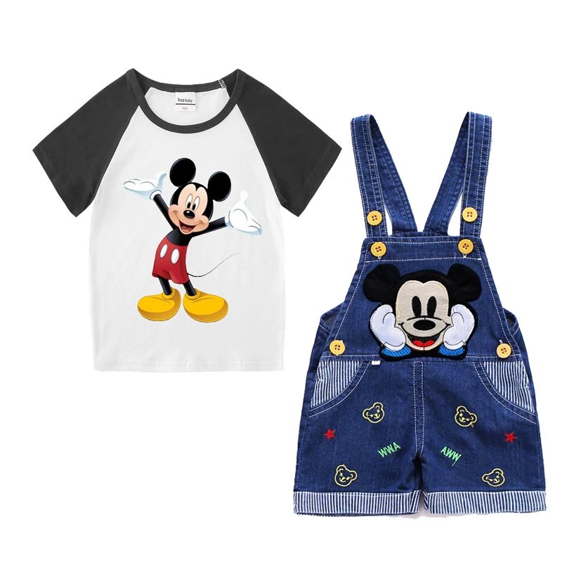 1-4 years Baby Boys Cartoon Mickey Cotton Short Sleeve T-shirt +Belt Denim Shorts Outfits Kids Toddler Boy Summer Clothes Set