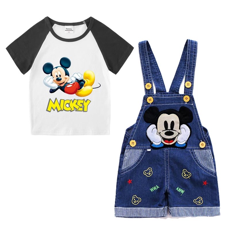 1-4 years Baby Boys Cartoon Mickey Cotton Short Sleeve T-shirt +Belt Denim Shorts Outfits Kids Toddler Boy Summer Clothes Set