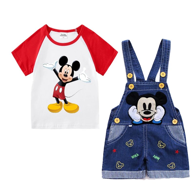 1-4 years Baby Boys Cartoon Mickey Cotton Short Sleeve T-shirt +Belt Denim Shorts Outfits Kids Toddler Boy Summer Clothes Set