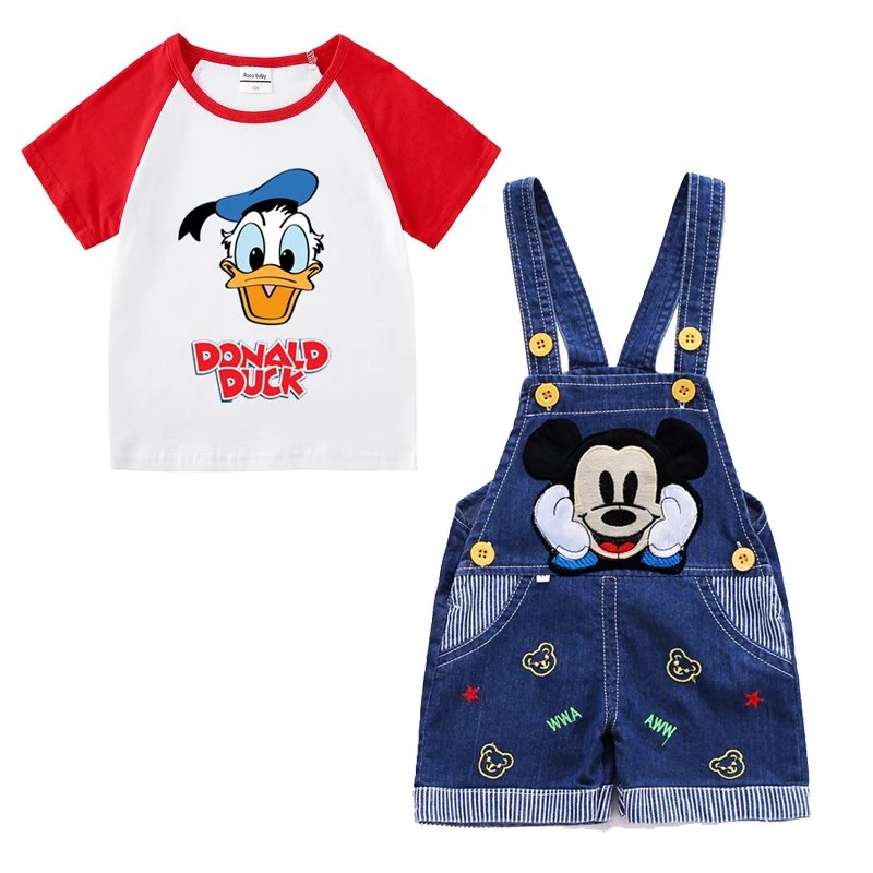 1-4 years Baby Boys Cartoon Mickey Cotton Short Sleeve T-shirt +Belt Denim Shorts Outfits Kids Toddler Boy Summer Clothes Set