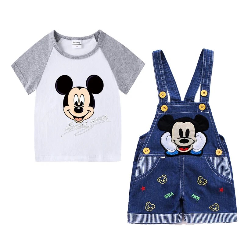 1-4 years Baby Boys Cartoon Mickey Cotton Short Sleeve T-shirt +Belt Denim Shorts Outfits Kids Toddler Boy Summer Clothes Set