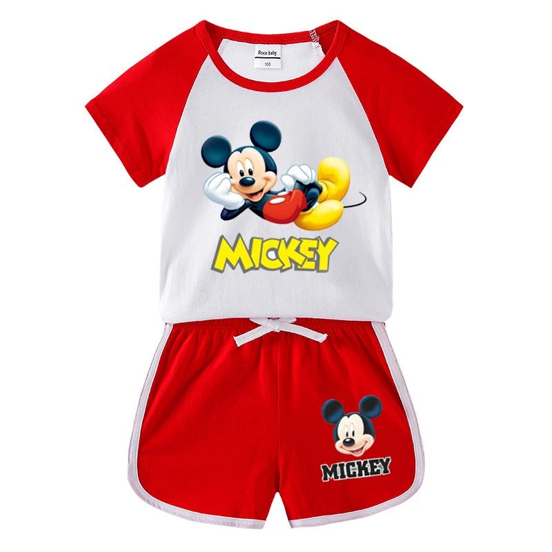 1-4 years Baby Boys Cartoon Mickey Cotton Short Sleeve T-shirt +Belt Denim Shorts Outfits Kids Toddler Boy Summer Clothes Set