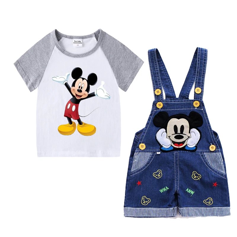 1-4 years Baby Boys Cartoon Mickey Cotton Short Sleeve T-shirt +Belt Denim Shorts Outfits Kids Toddler Boy Summer Clothes Set