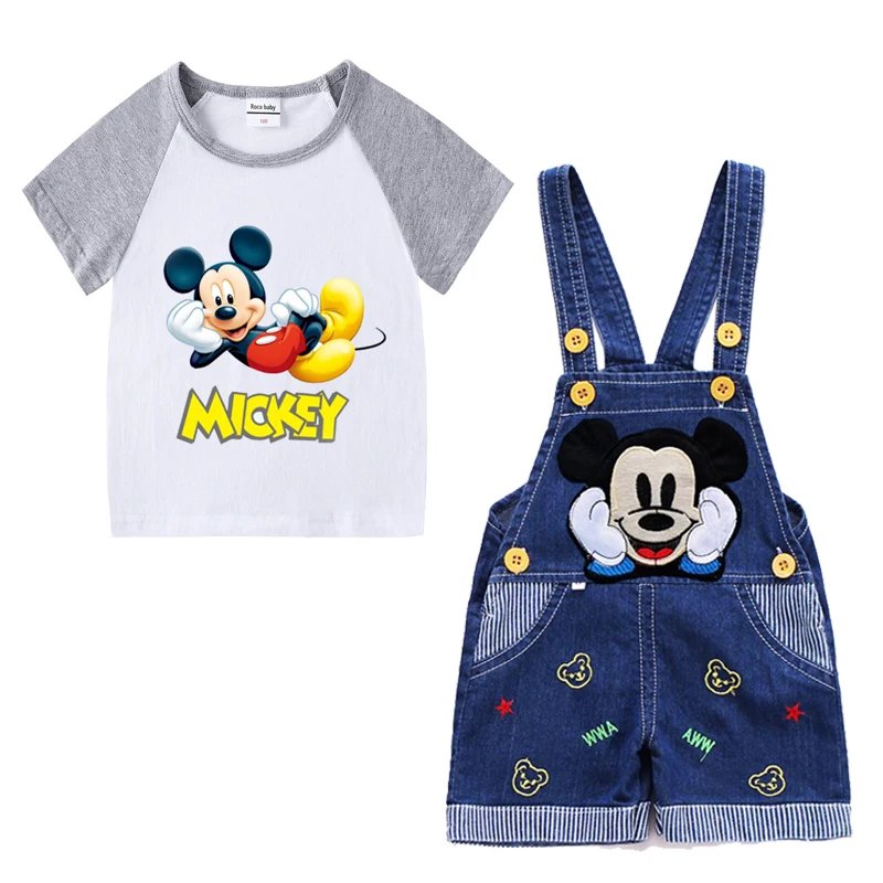 1-4 years Baby Boys Cartoon Mickey Cotton Short Sleeve T-shirt +Belt Denim Shorts Outfits Kids Toddler Boy Summer Clothes Set