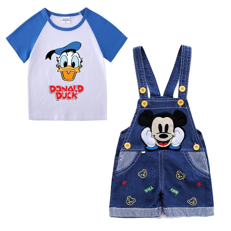 1-4 years Baby Boys Cartoon Mickey Cotton Short Sleeve T-shirt +Belt Denim Shorts Outfits Kids Toddler Boy Summer Clothes Set