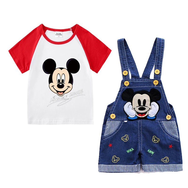 1-4 years Baby Boys Cartoon Mickey Cotton Short Sleeve T-shirt +Belt Denim Shorts Outfits Kids Toddler Boy Summer Clothes Set