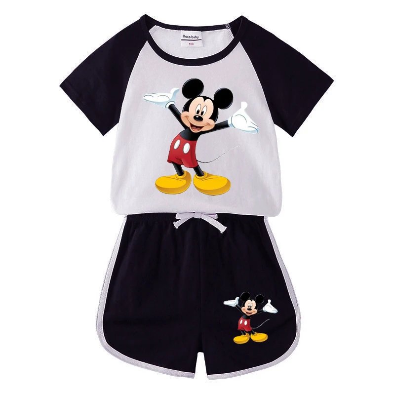 1-4 years Baby Boys Cartoon Mickey Cotton Short Sleeve T-shirt +Belt Denim Shorts Outfits Kids Toddler Boy Summer Clothes Set