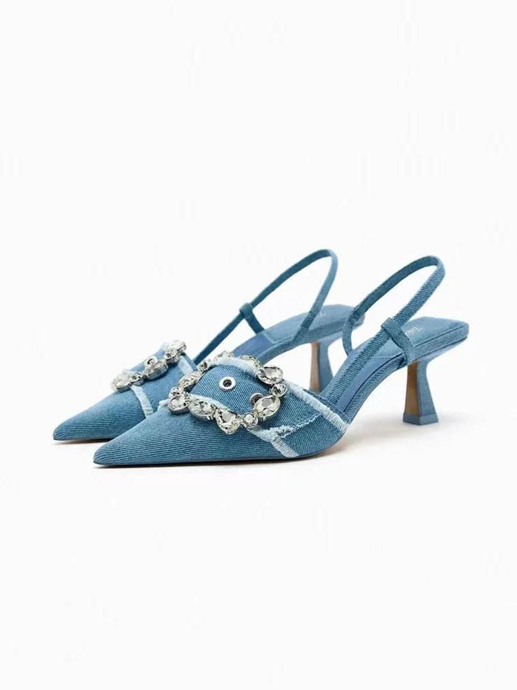 Baotou sandals female 2024 autumn new blue rhinestone decoration denim high heels fine heel pointed shallow mouth single shoes