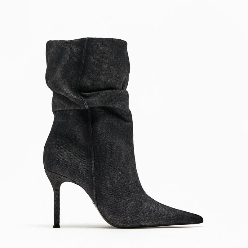 Concise Denim Boots For Women Women's Mid Calf Boots Pointed Toe Thin High Heels Shoes Sexy Stiletto Office Lady Botas Femininas