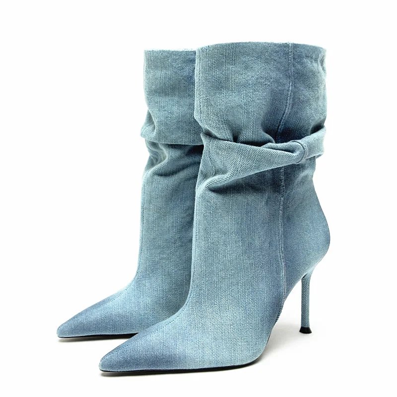 Concise Denim Boots For Women Women's Mid Calf Boots Pointed Toe Thin High Heels Shoes Sexy Stiletto Office Lady Botas Femininas