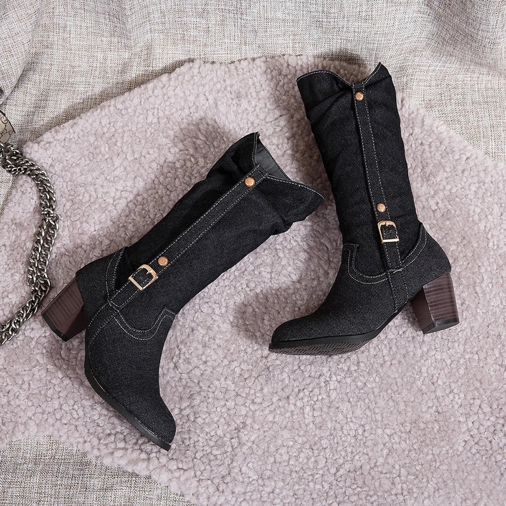 2023 Sexy Jean Boots Women's Long Tube Short Boot Winter High Heel Denim Boot Lady Stylish Jeans Boots Buckle Strap Shoes Cowboy