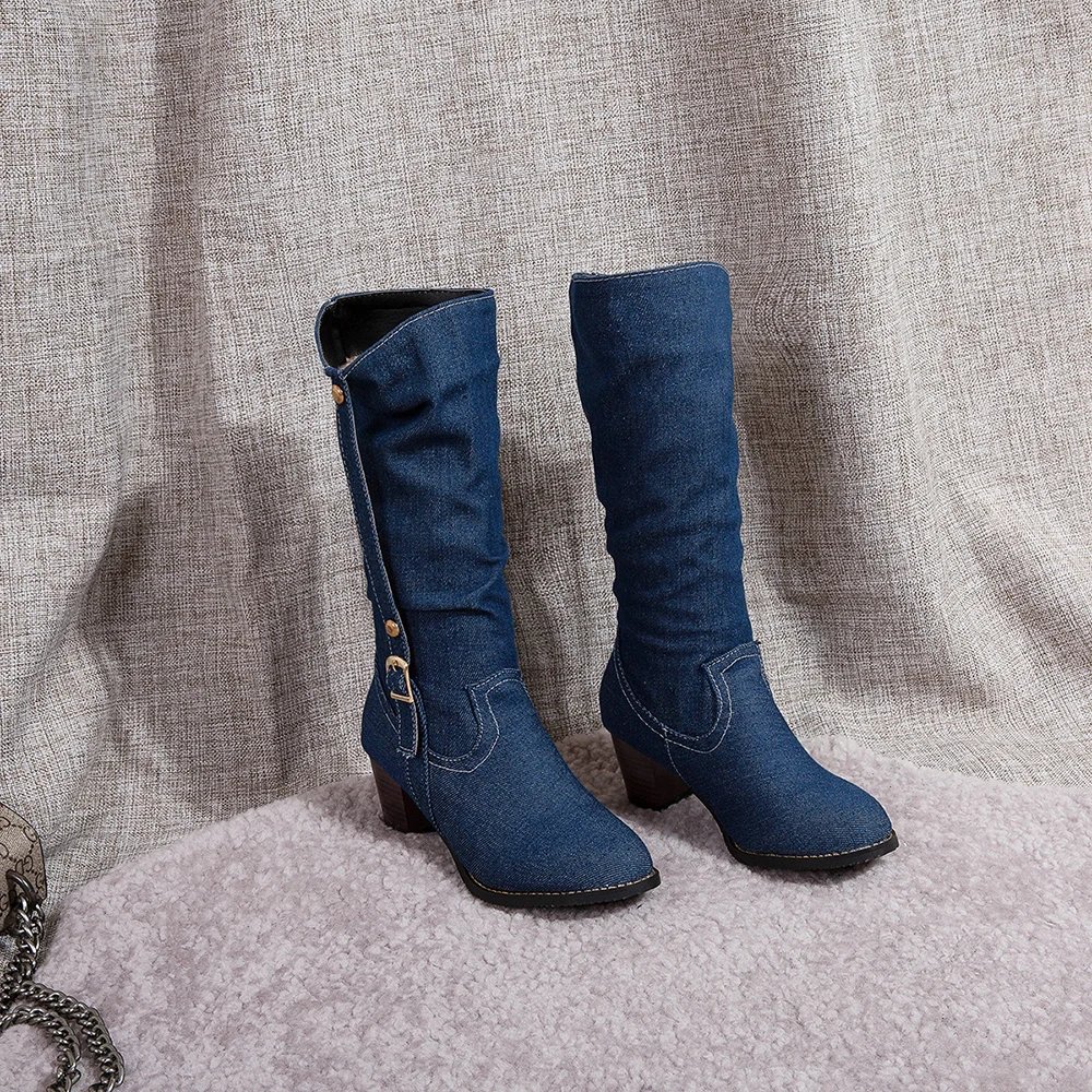 2023 Sexy Jean Boots Women's Long Tube Short Boot Winter High Heel Denim Boot Lady Stylish Jeans Boots Buckle Strap Shoes Cowboy