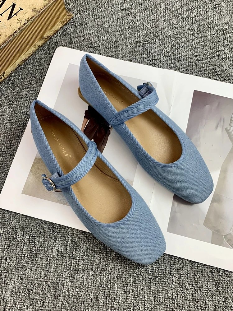 New Retro Mary Jane Ballet Flats Women Shoes Denim Blue Comfortable Soft Round Toe Flat Shoes