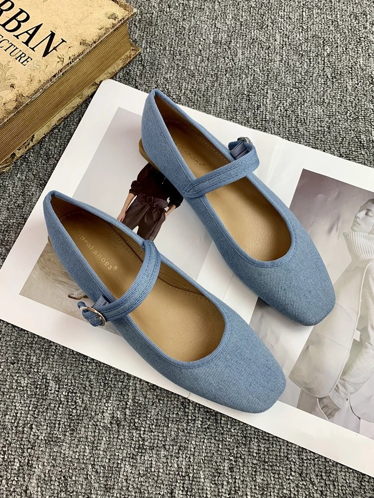 New Retro Mary Jane Ballet Flats Women Shoes Denim Blue Comfortable Soft Round Toe Flat Shoes