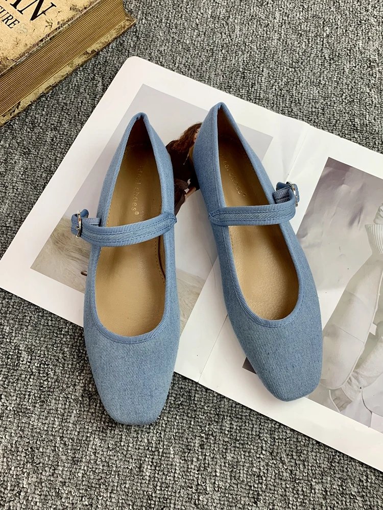 New Retro Mary Jane Ballet Flats Women Shoes Denim Blue Comfortable Soft Round Toe Flat Shoes