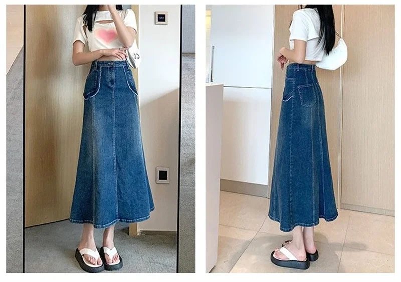 Spring Summer Women Denim Long Skirts High Waist A-line Skirts Retro Jean Skirts Large Size 5XL Streetwear Lady Casual Skirts