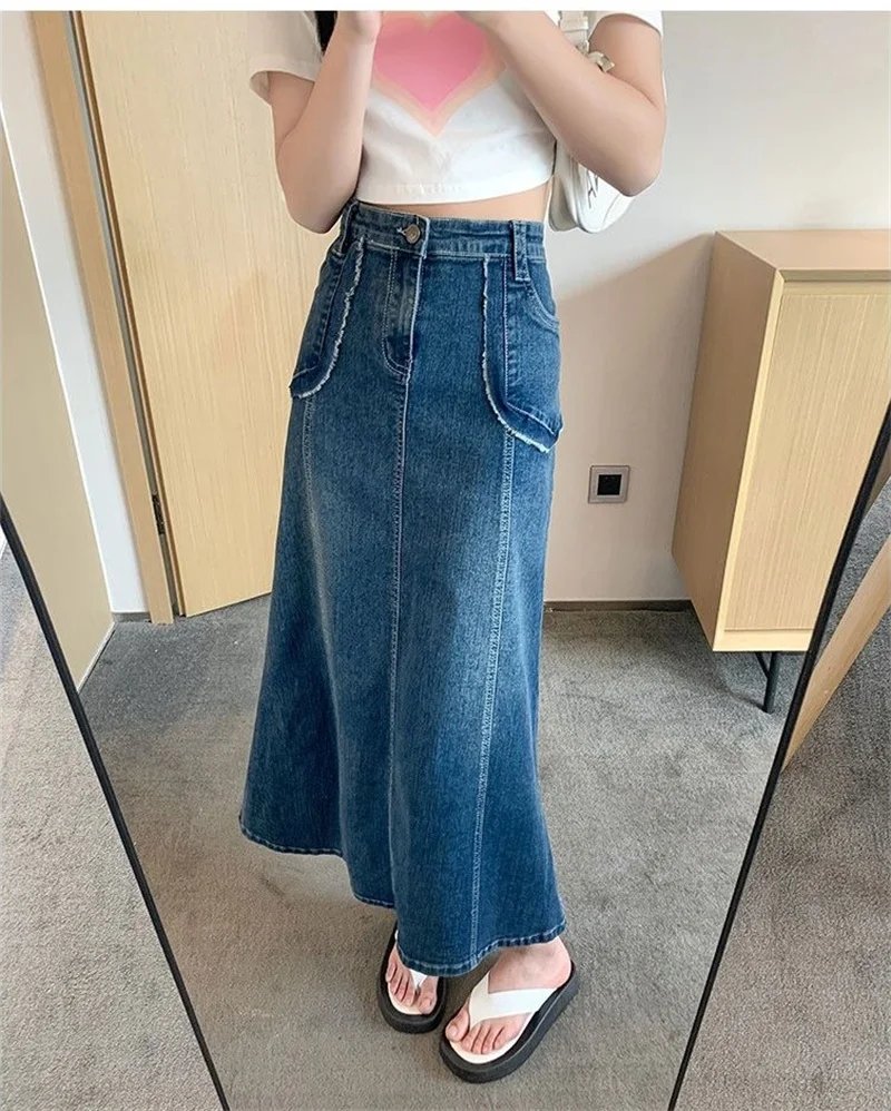 Spring Summer Women Denim Long Skirts High Waist A-line Skirts Retro Jean Skirts Large Size 5XL Streetwear Lady Casual Skirts