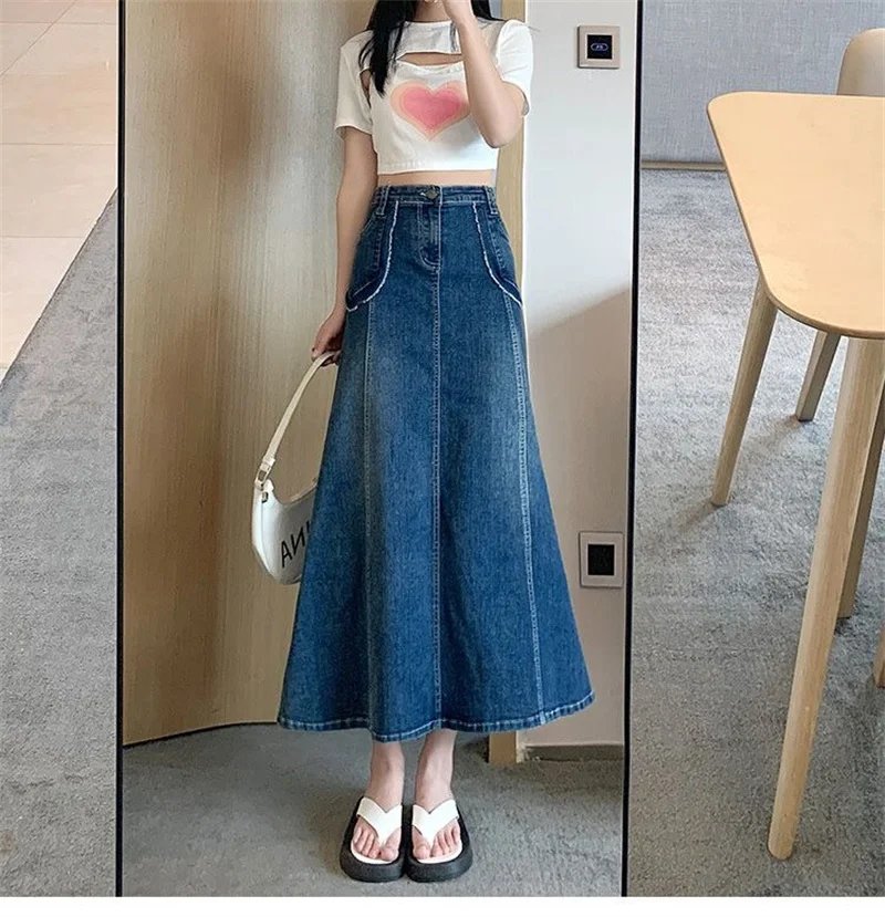 Spring Summer Women Denim Long Skirts High Waist A-line Skirts Retro Jean Skirts Large Size 5XL Streetwear Lady Casual Skirts