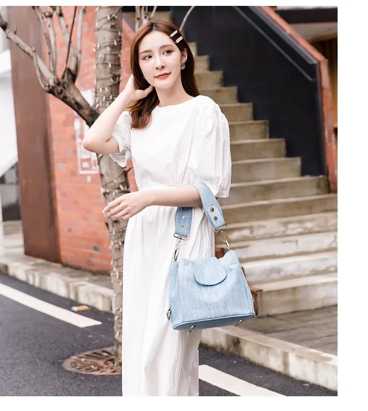 Casual Denim Bucket bag for women Shoulder Crossbody Bag Multiple pockets ladies handbag Luxury design Female big Totes blue