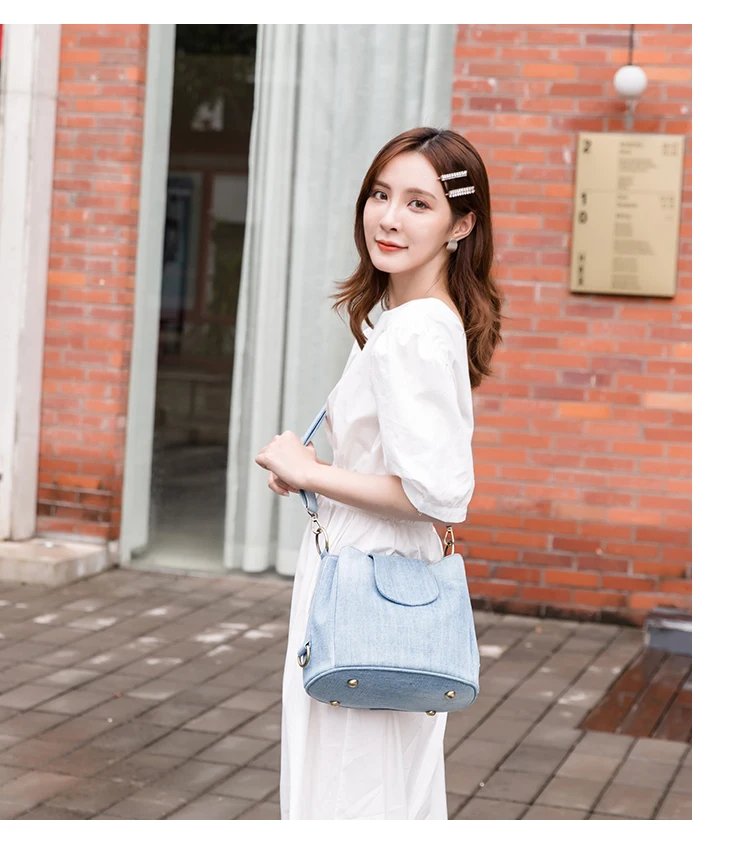 Casual Denim Bucket bag for women Shoulder Crossbody Bag Multiple pockets ladies handbag Luxury design Female big Totes blue