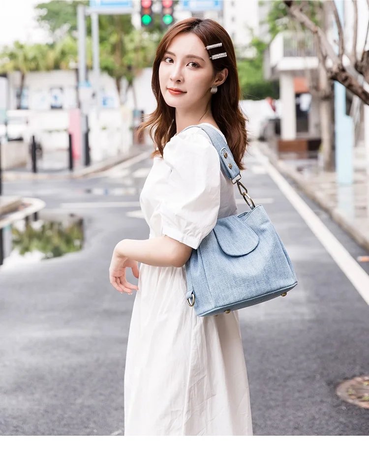 Casual Denim Bucket bag for women Shoulder Crossbody Bag Multiple pockets ladies handbag Luxury design Female big Totes blue