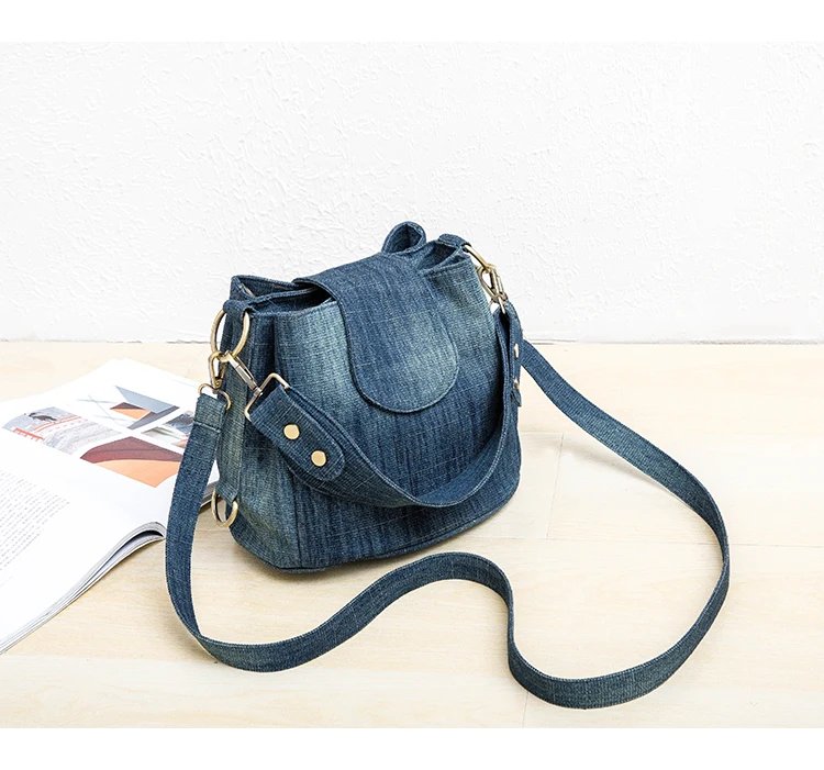 Casual Denim Bucket bag for women Shoulder Crossbody Bag Multiple pockets ladies handbag Luxury design Female big Totes blue