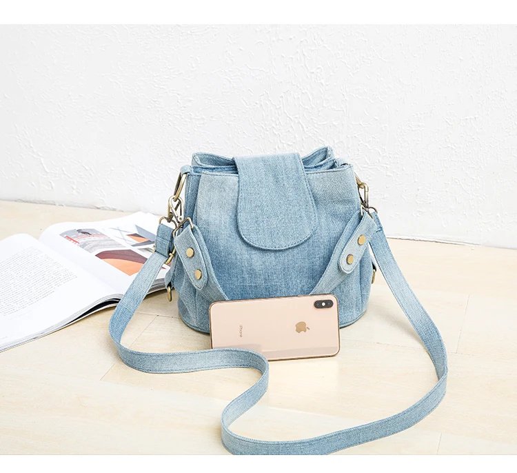 Casual Denim Bucket bag for women Shoulder Crossbody Bag Multiple pockets ladies handbag Luxury design Female big Totes blue