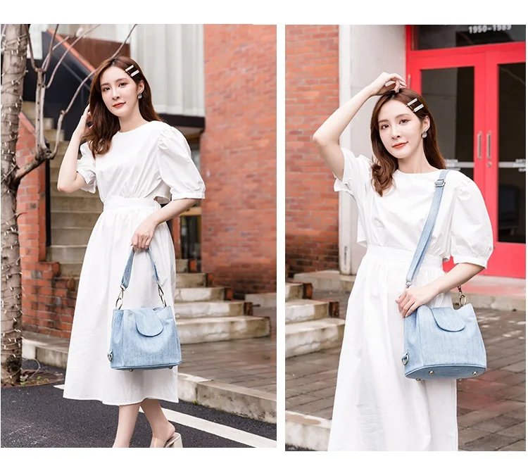 Casual Denim Bucket bag for women Shoulder Crossbody Bag Multiple pockets ladies handbag Luxury design Female big Totes blue