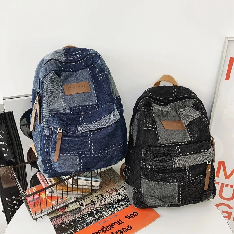 Trendy Cool Patch Women Backpack Washed Denim College Backpack Men Female Laptop School Bags Large Capacity Travel Shoulder Bag