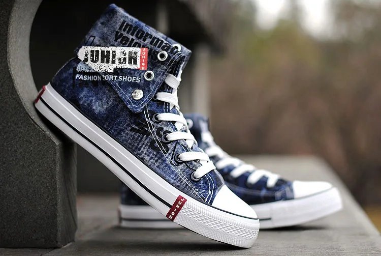 Print Denim Shoes for Men High Top Canvas Shoes Lace-up Flat Street Hip Hop Men Shoes Western Male Cowboy Boots Tenis Masculino