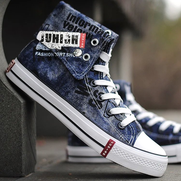 Print Denim Shoes for Men High Top Canvas Shoes Lace-up Flat Street Hip Hop Men Shoes Western Male Cowboy Boots Tenis Masculino