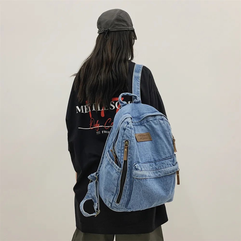 Washed Denim Fashion Backpacks For Women 2023 Latest Trend Student School Bag Multi Pockets Large Capacity Blue Rucksack Mochila