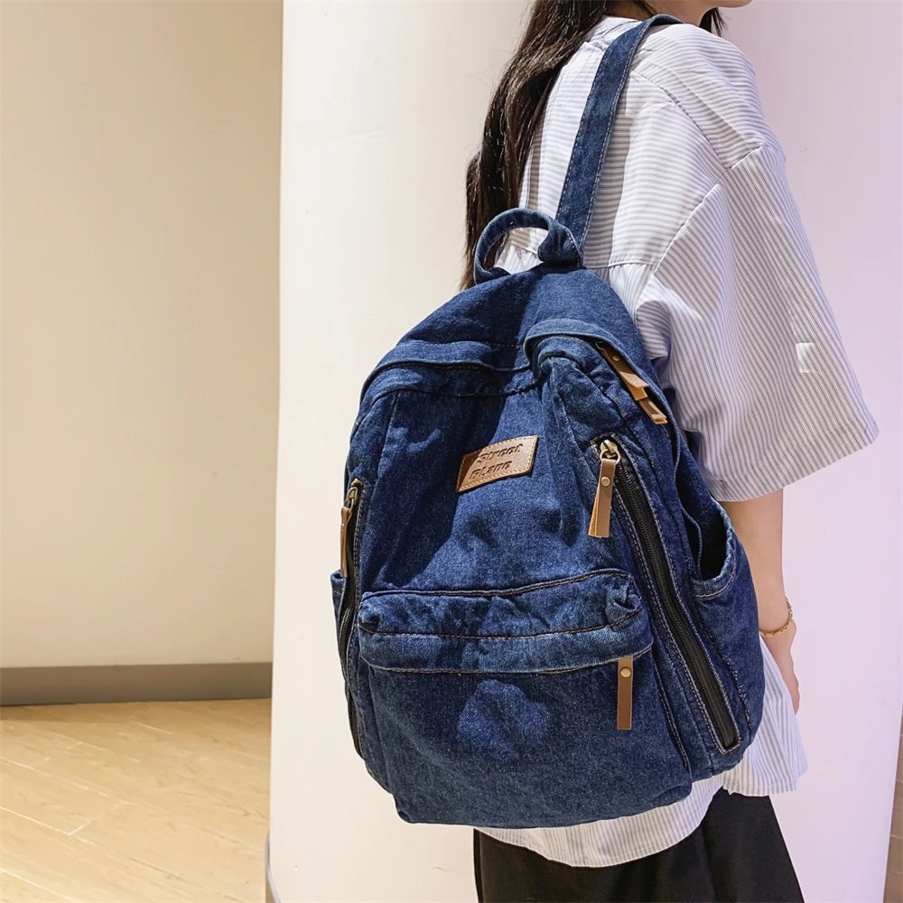 Washed Denim Fashion Backpacks For Women 2023 Latest Trend Student School Bag Multi Pockets Large Capacity Blue Rucksack Mochila