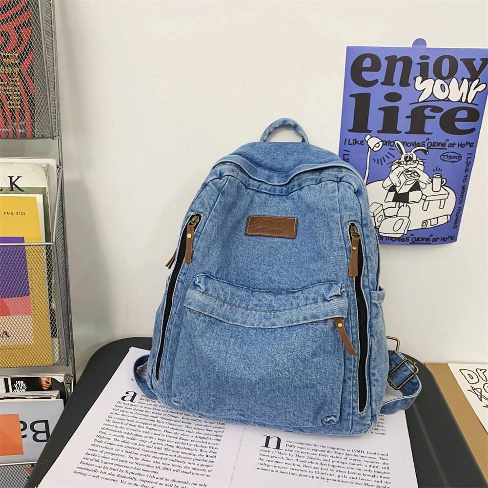 Washed Denim Fashion Backpacks For Women 2023 Latest Trend Student School Bag Multi Pockets Large Capacity Blue Rucksack Mochila