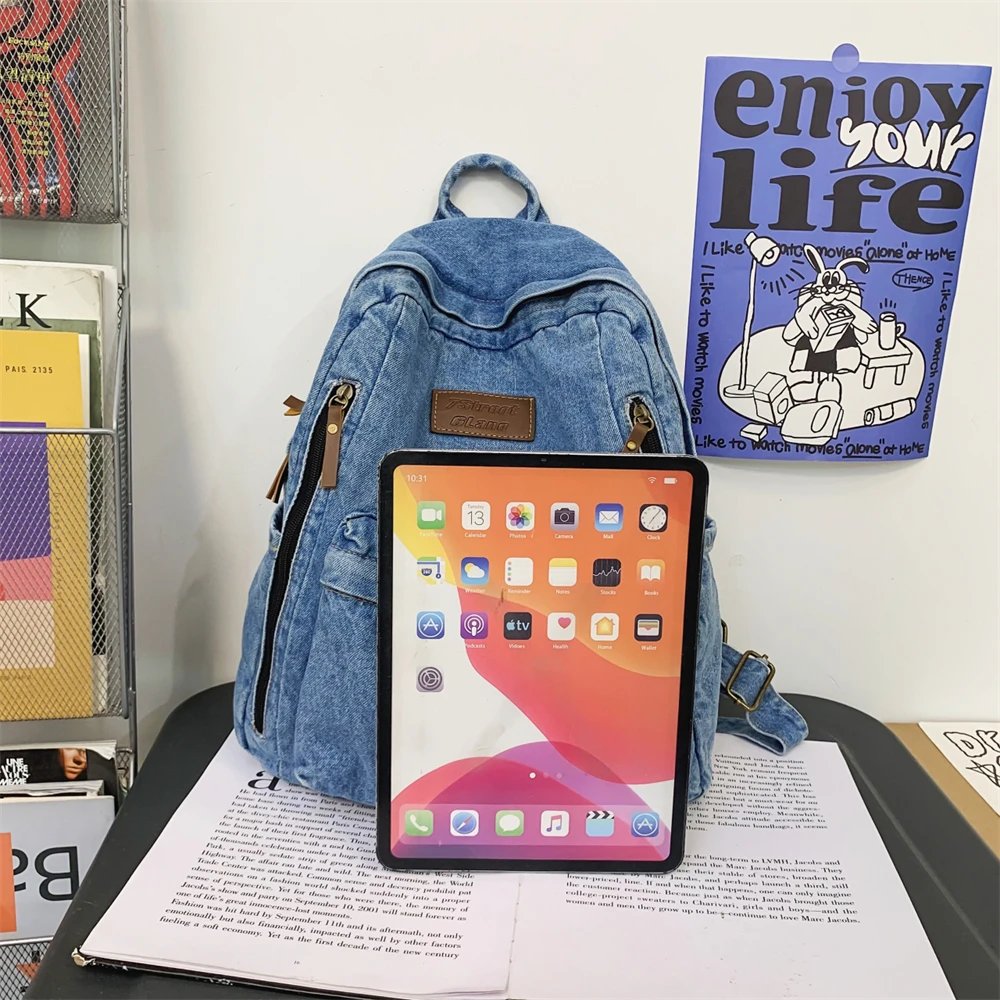 Washed Denim Fashion Backpacks For Women 2023 Latest Trend Student School Bag Multi Pockets Large Capacity Blue Rucksack Mochila