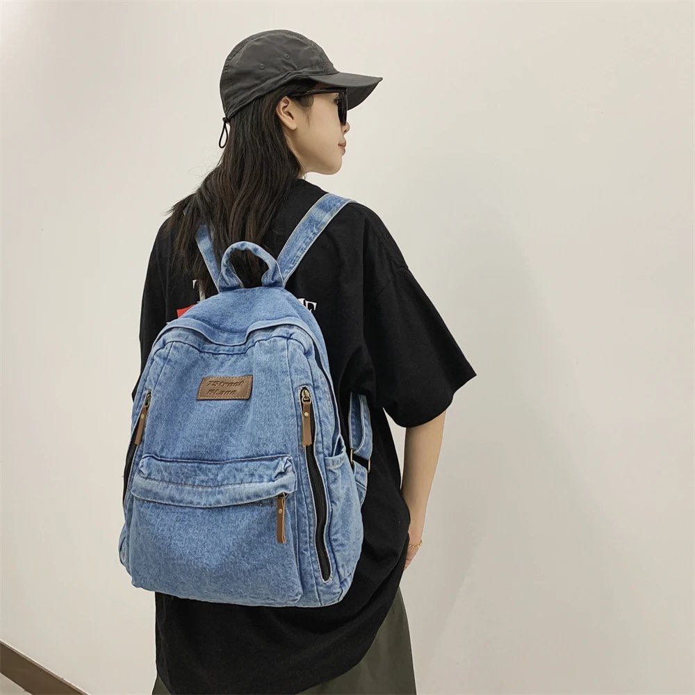 Washed Denim Fashion Backpacks For Women 2023 Latest Trend Student School Bag Multi Pockets Large Capacity Blue Rucksack Mochila
