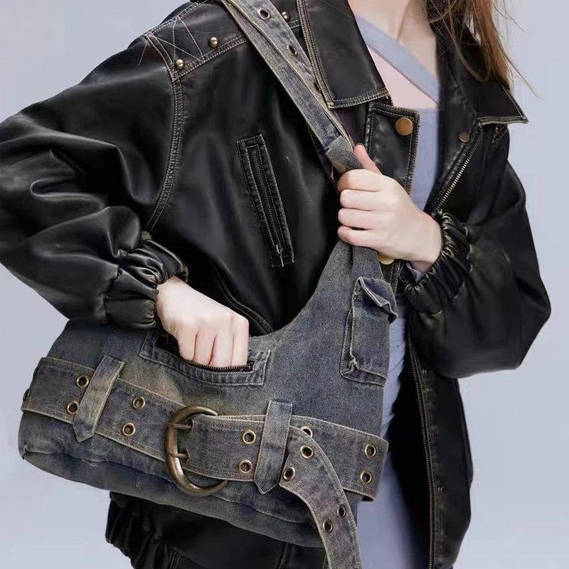 Trendy Women Vintage Denim Punk Shoulder Bag Design Y2k Streetwear Grunge Handbag Cool Girls Retro Gothic Casual Underarm Bags