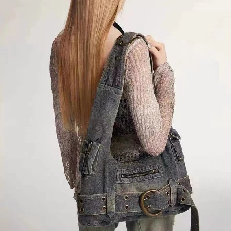 Trendy Women Vintage Denim Punk Shoulder Bag Design Y2k Streetwear Grunge Handbag Cool Girls Retro Gothic Casual Underarm Bags