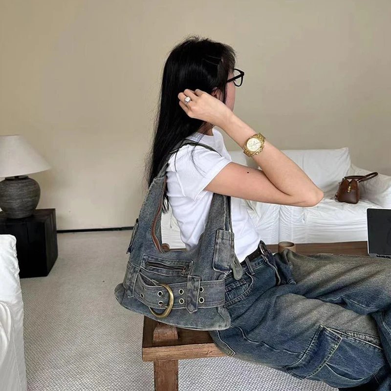 Trendy Women Vintage Denim Punk Shoulder Bag Design Y2k Streetwear Grunge Handbag Cool Girls Retro Gothic Casual Underarm Bags
