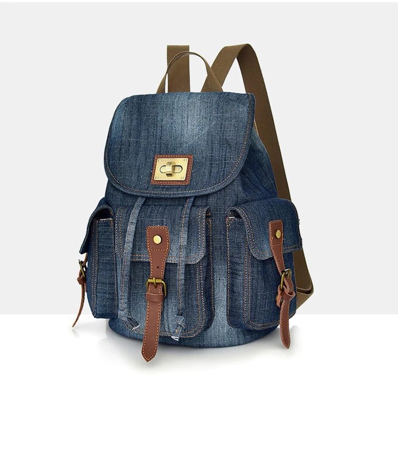 Annmouler Fashion Women Backpacks Large Capacity Daypack Denim Rucksack Drawstring 2022 College Students School Bag For Girls