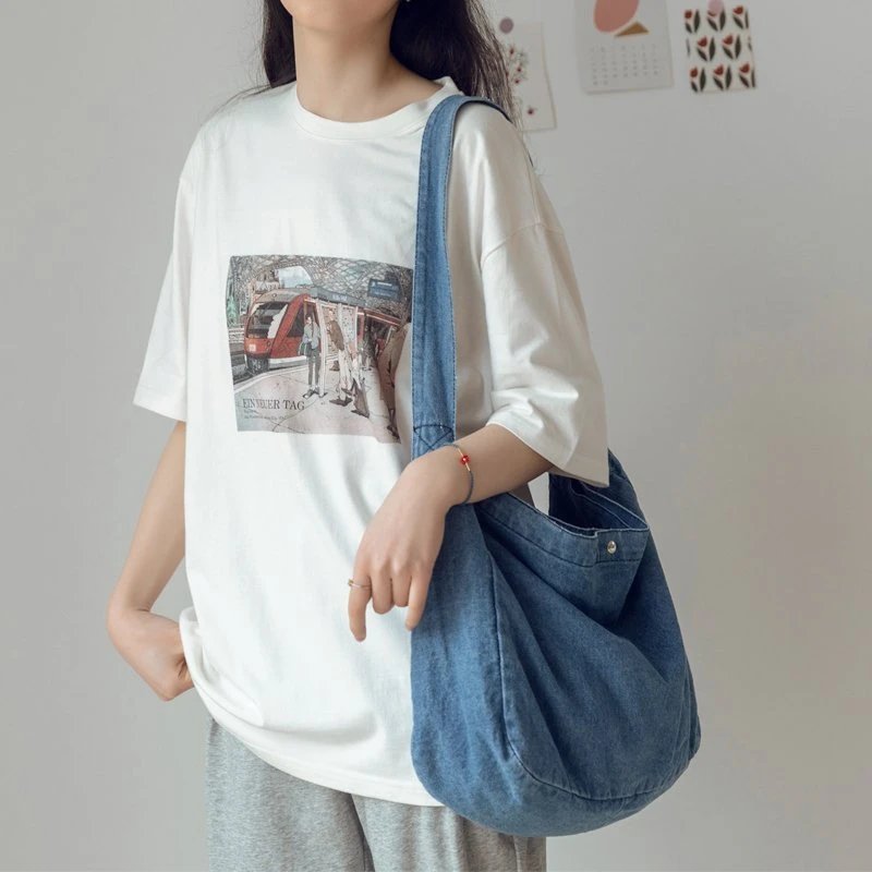 Denim Shoulder Bag for Women Harajuku Cowboy Female Tote Shopper Messenger Bag Students Schoolbag Large Capacity for Ladies Girl