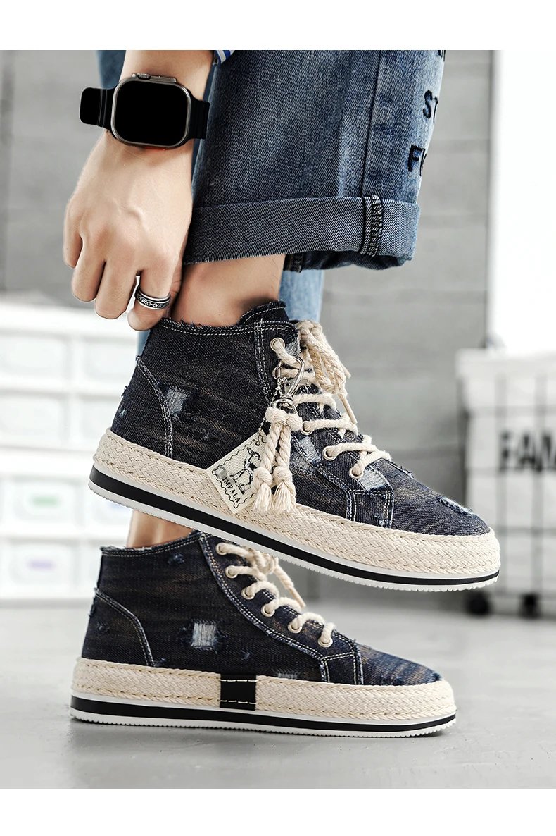 High-top Men's Sneakers New Denim Casual Shoes Comfortable and Versatile Korean Style Student Sports Trendy Shoes Men's Models