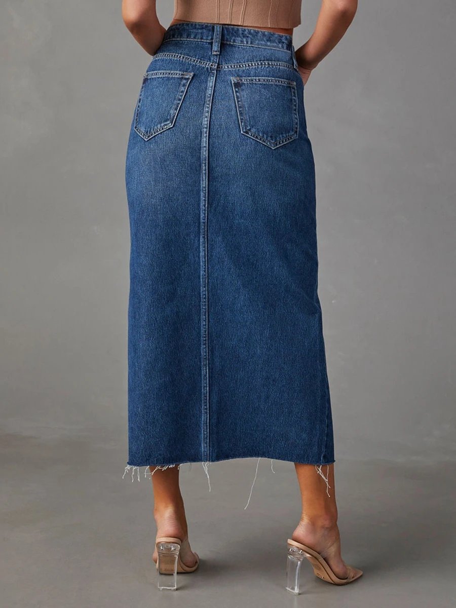 Women High Waist Long Denim Skirt Elegant Slit Raw Hem A-Line Summer Casual Midi Jean Skirts with Pockets