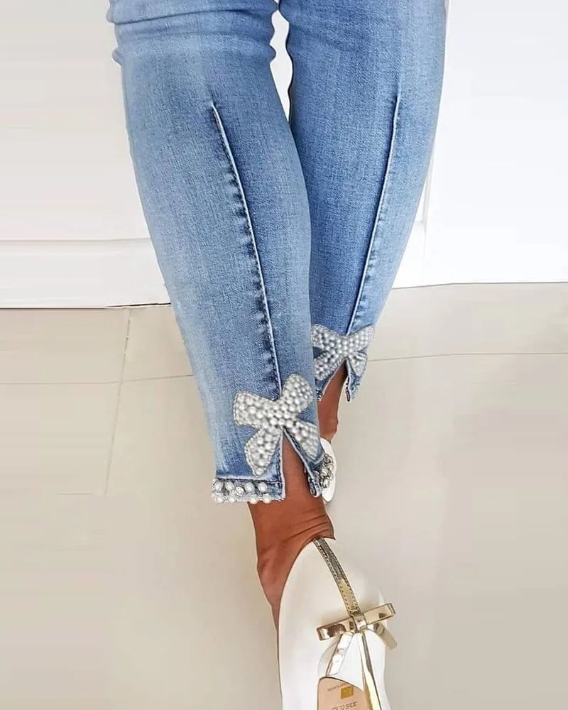 Women High Waist Stretch Jeans Cute Bow Fashion Skinny Denim Pants Elegant Simple Washed Slim Jeans ouc1294