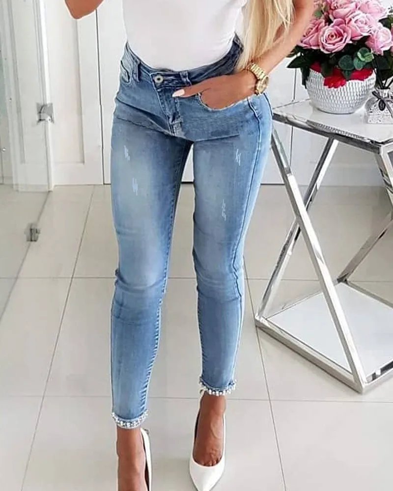 Women High Waist Stretch Jeans Cute Bow Fashion Skinny Denim Pants Elegant Simple Washed Slim Jeans ouc1294