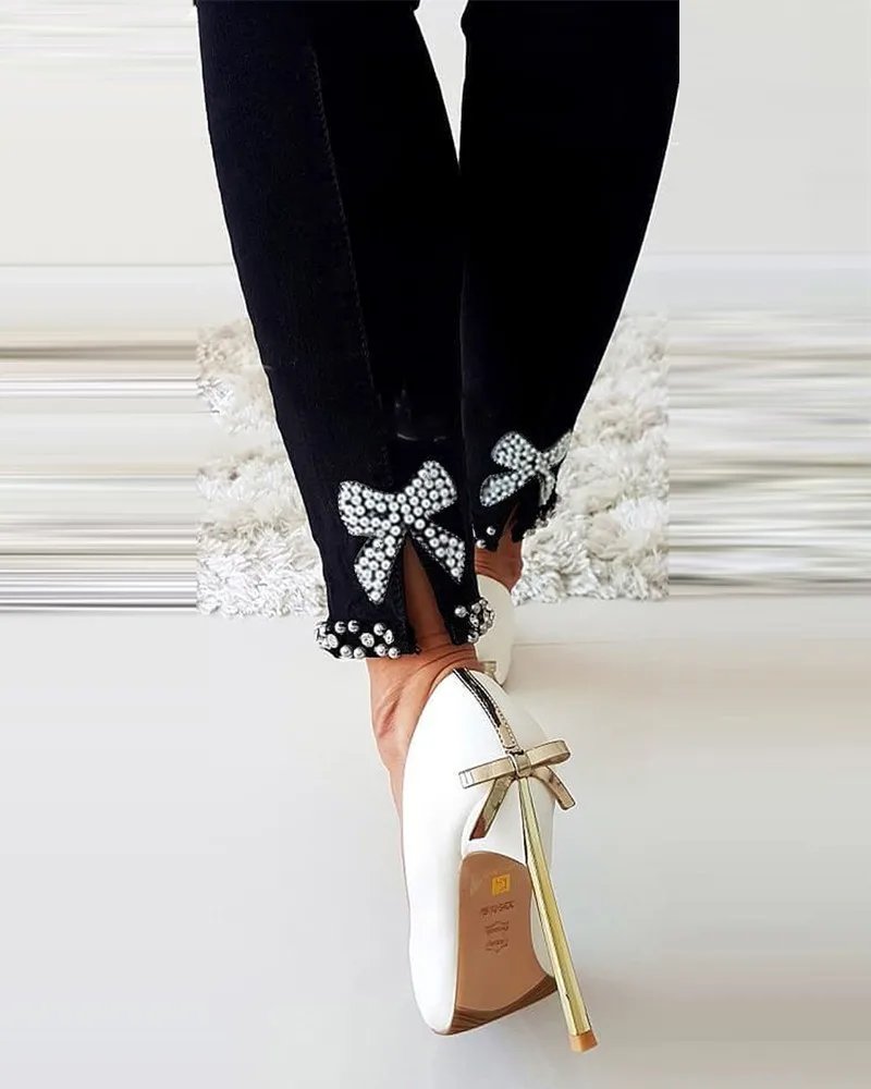 Women High Waist Stretch Jeans Cute Bow Fashion Skinny Denim Pants Elegant Simple Washed Slim Jeans ouc1294