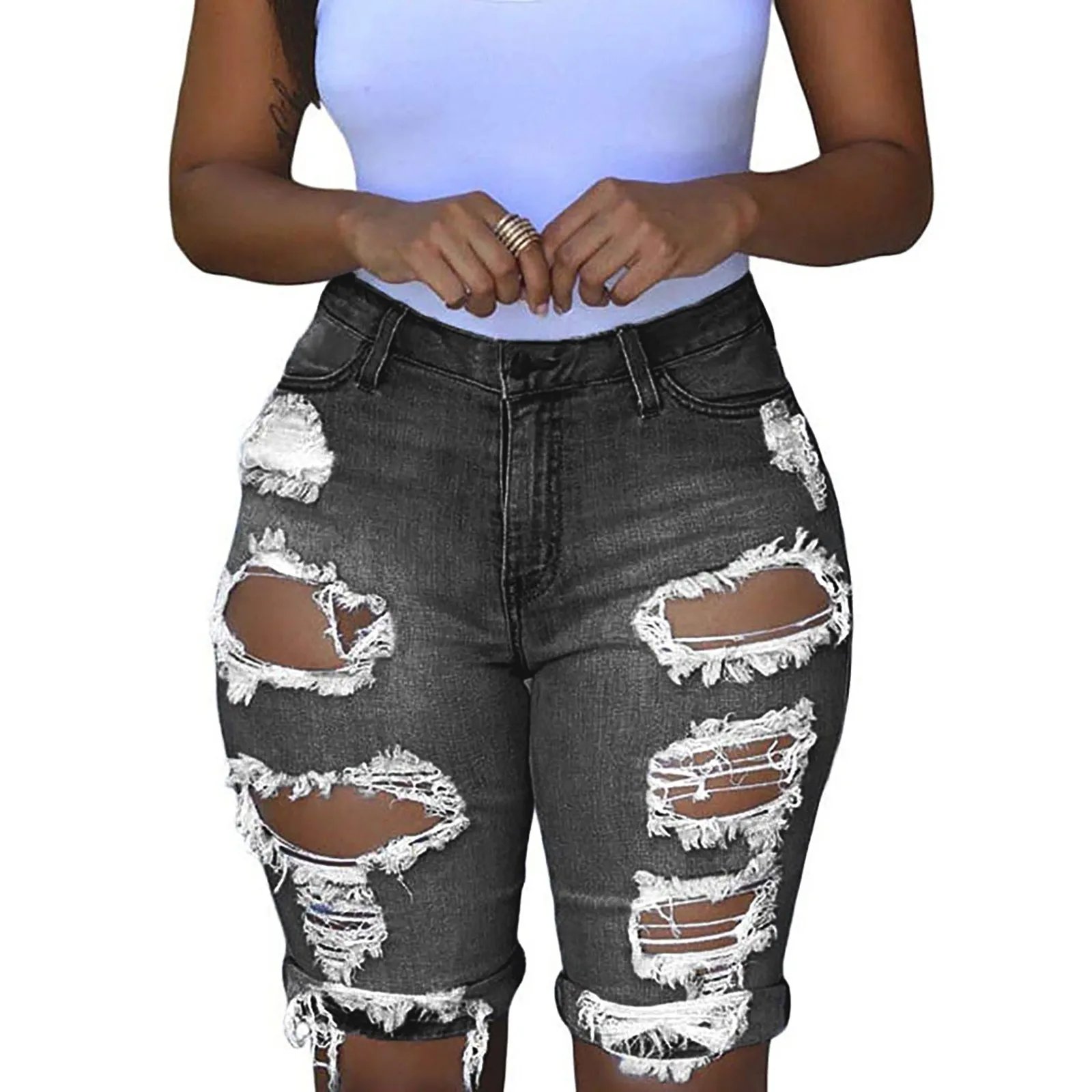 Women Ripped Trousers Denim Retro High Waisted Shorts American Street Tassels Straight Tube Old Vintage Short Pants Plus Size