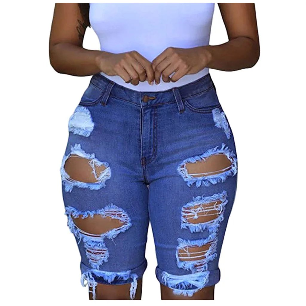 Women Ripped Trousers Denim Retro High Waisted Shorts American Street Tassels Straight Tube Old Vintage Short Pants Plus Size