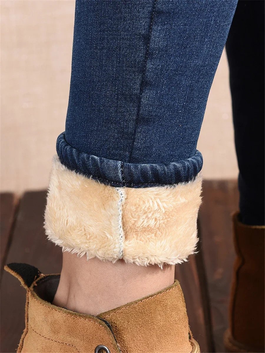 Winter Pencil Jeans Women Thicken Lamb Fluff Skinny Denim Pants High Waist Warm Lambwool Lined Stretch Vaqueros Big Size 34 Jean