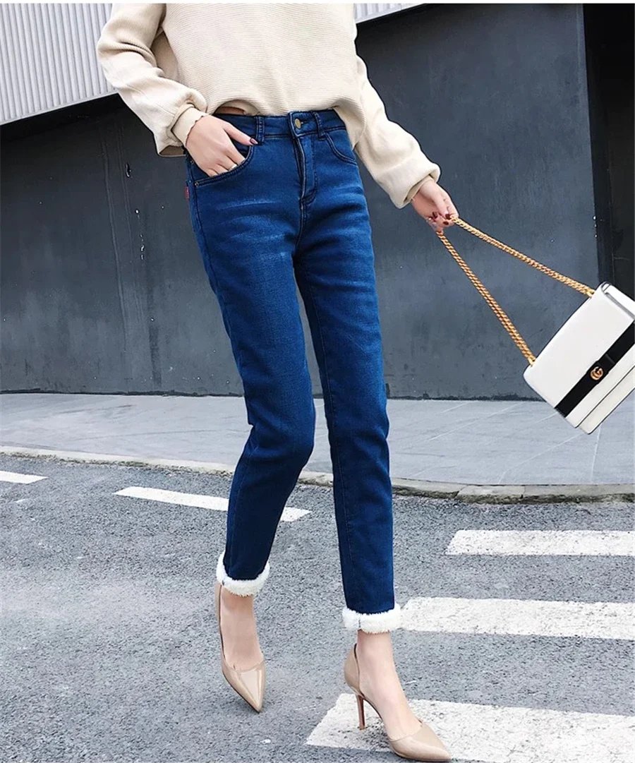 Winter Pencil Jeans Women Thicken Lamb Fluff Skinny Denim Pants High Waist Warm Lambwool Lined Stretch Vaqueros Big Size 34 Jean